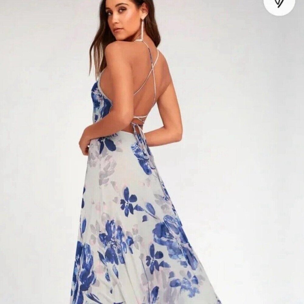 Lulus All I Need Floral Print Lace-Up Maxi Dress‎ in Grey Size Extra Small - Picture 4 of 8